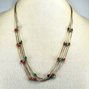 Vintage Korea Light Gold Tone Multi Layer Glass Beaded Necklace Flat Snake Chain
